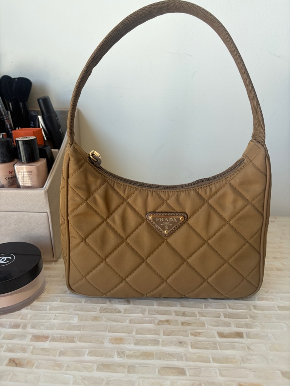 Prada Quilted Brown Shoulder Bag with Gold Logo